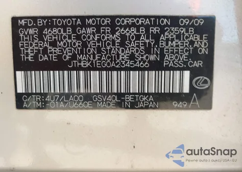 2010 Lexus Es 350 z USA, uszkodzony, nr VIN JTHBK1EG0A2345466